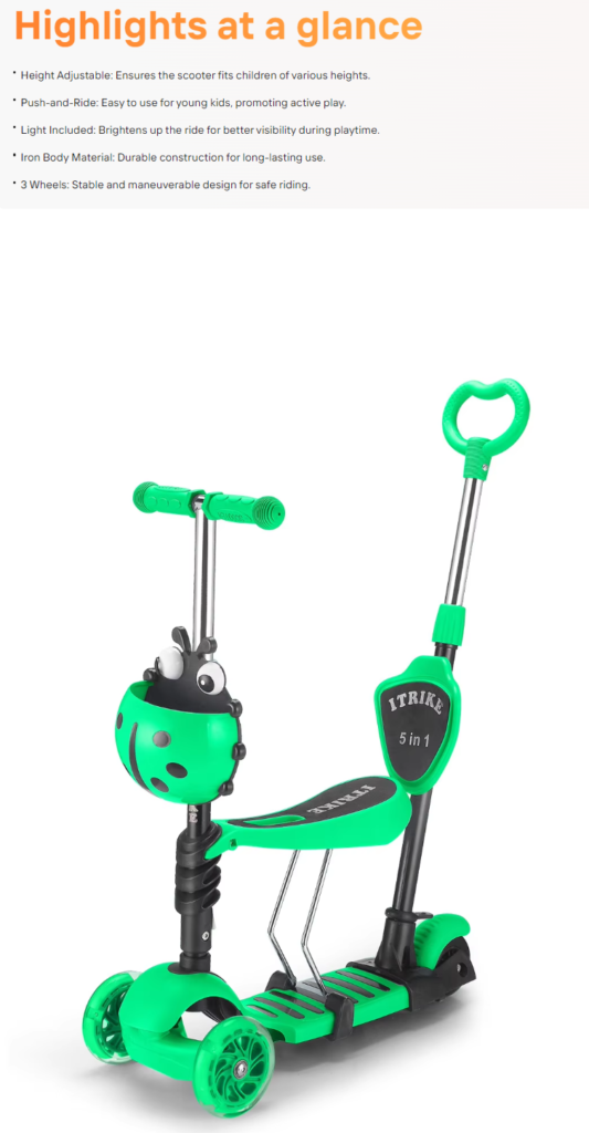 Mihao Children Mobility Tricycle, Kick Scooter Height-Adjustable Push-and-Ride Iron Frame Factory Supply