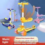 Foldable 3-Wheel Plastic & Steel PU Kick Scooter with Light Included Height Adjustable for 2-12 Years Old Kids and Babies