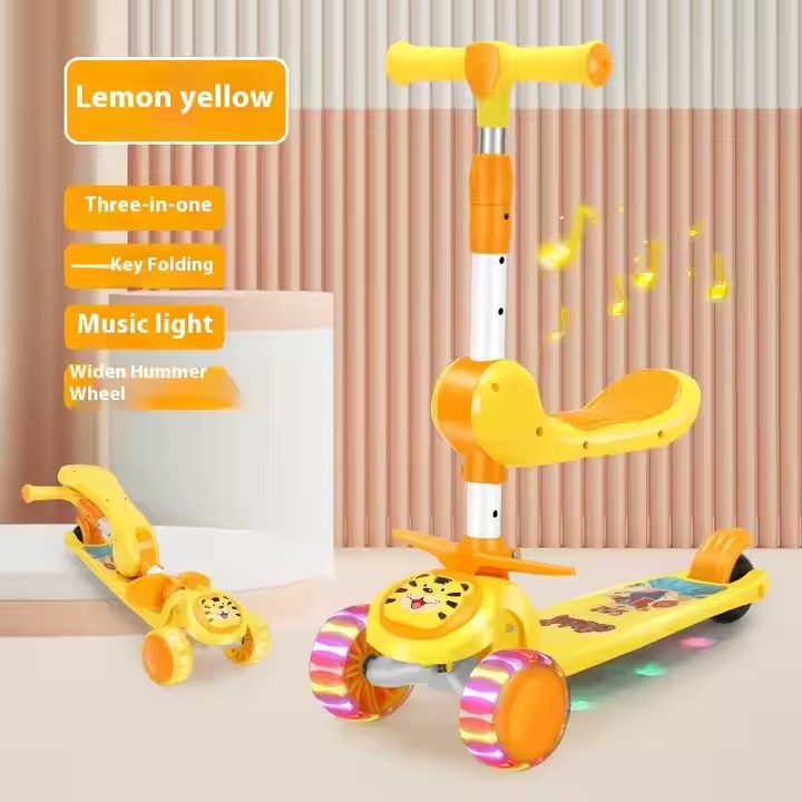 Foldable 3-Wheel Plastic & Steel PU Kick Scooter with Light Included Height Adjustable for 2-12 Years Old Kids and Babies