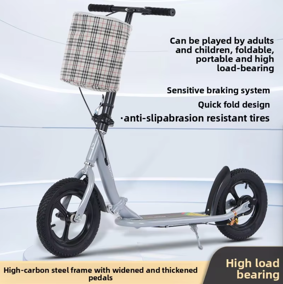 New Push-Along Two-Wheel Scooter, Iron Frame Foldable Kick Scooter for Student Campus Adult Teen Commuting